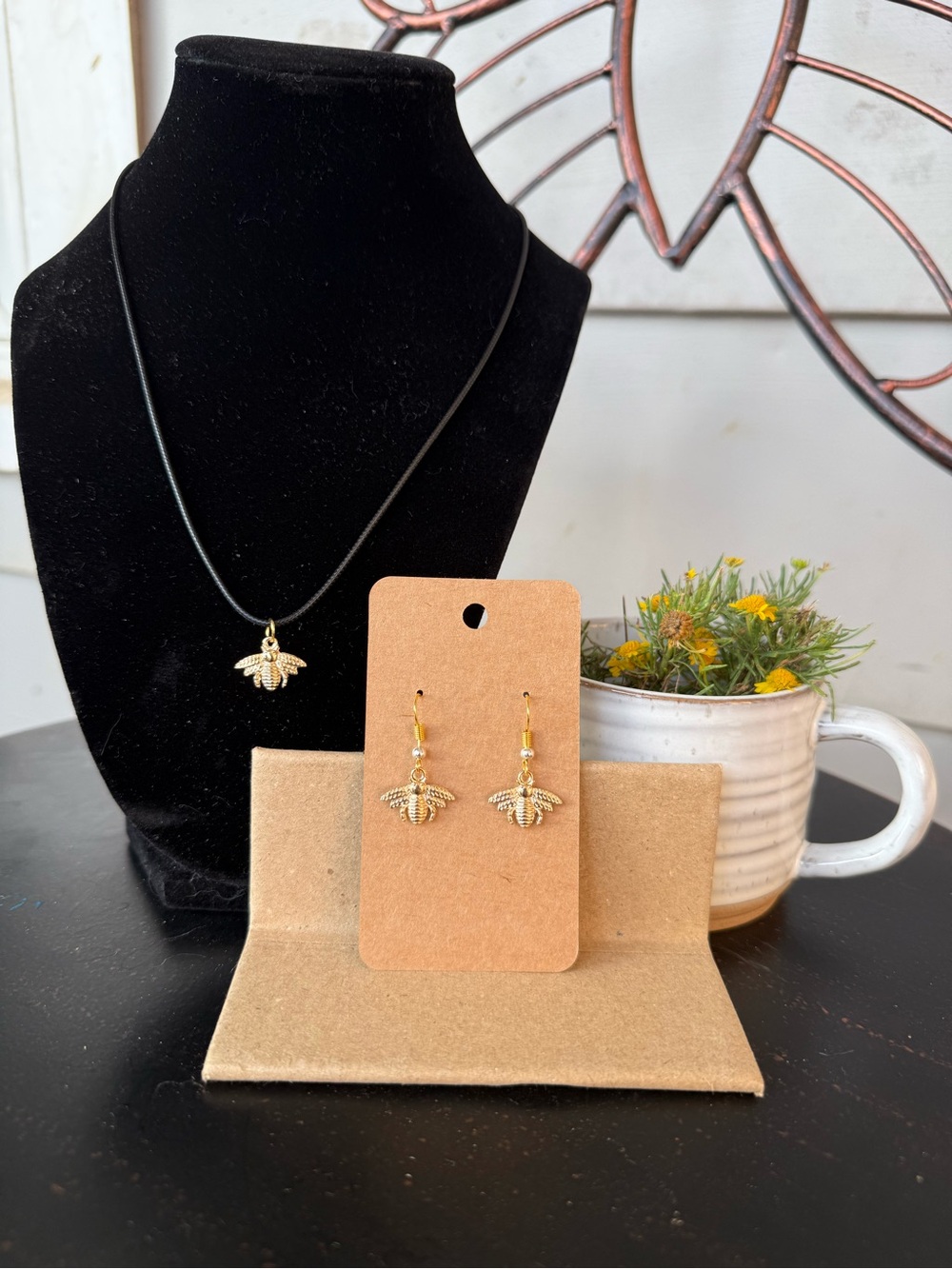 Gold Bee Charm Necklace and Drop Earrings Set